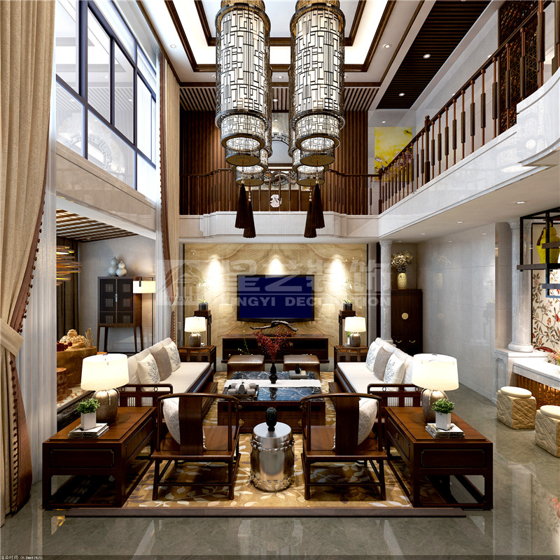 港龍小區(qū)300平新中式客廳裝修設(shè)計(jì)效果圖