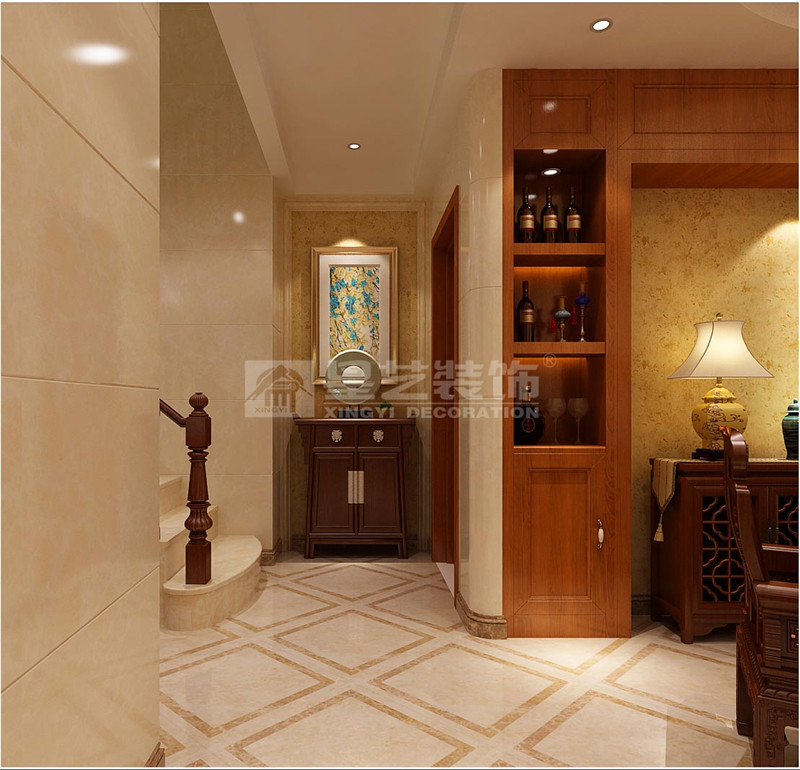 龍庭水岸200平新中式過(guò)道裝修效果圖