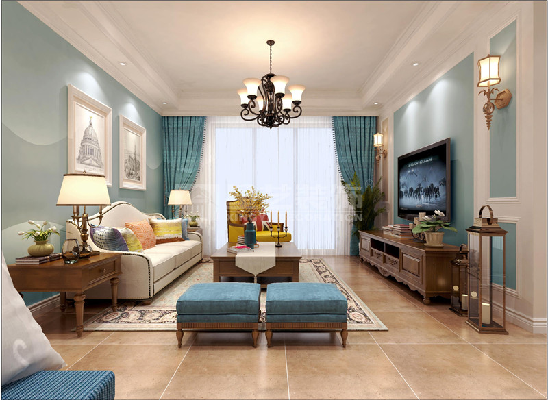 萬達茂120平美式風(fēng)格客廳裝修效果圖