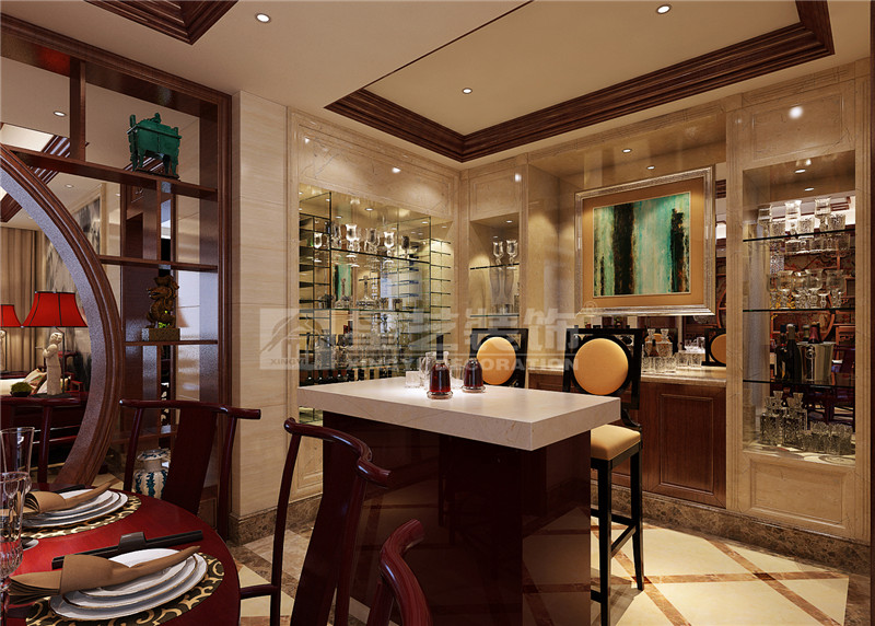 盛天東郡 211平中式風格吧臺裝修效果圖