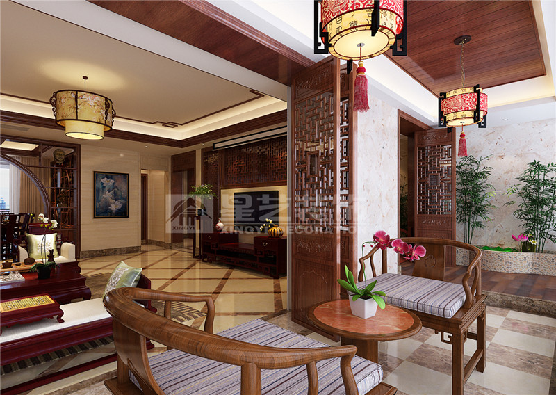 盛天東郡 211平中式風格陽臺裝修效果圖