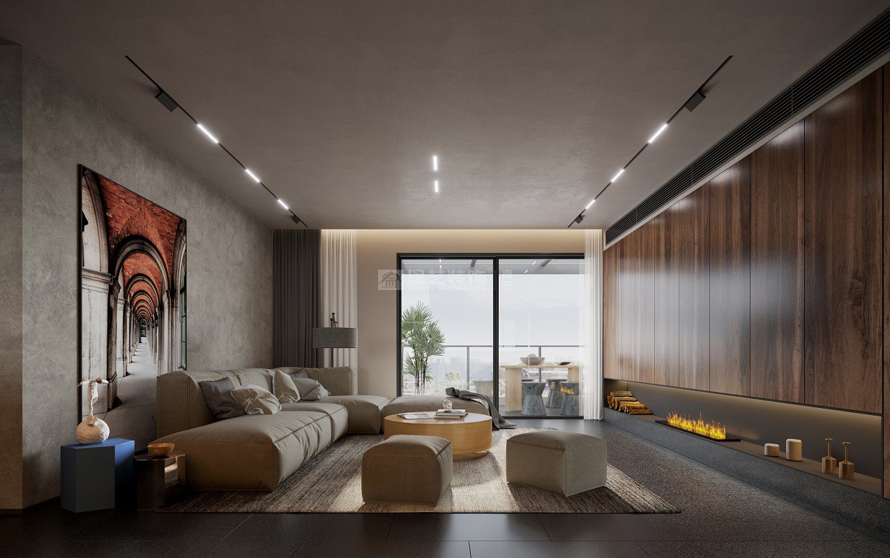 大唐臻觀197平工業(yè)侘寂風客廳裝修效果圖