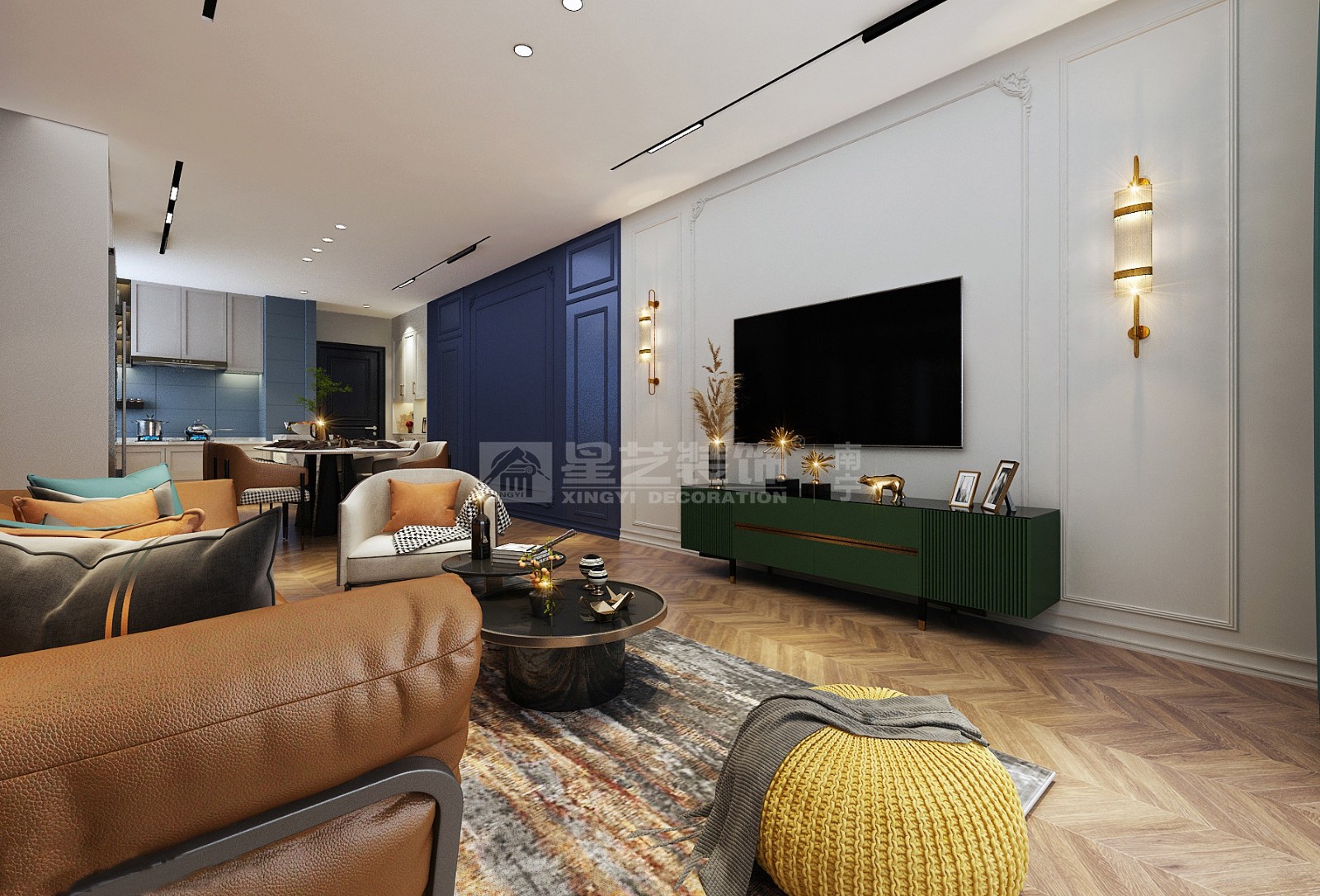 保利冠江墅140平法式復(fù)古客廳裝修效果圖