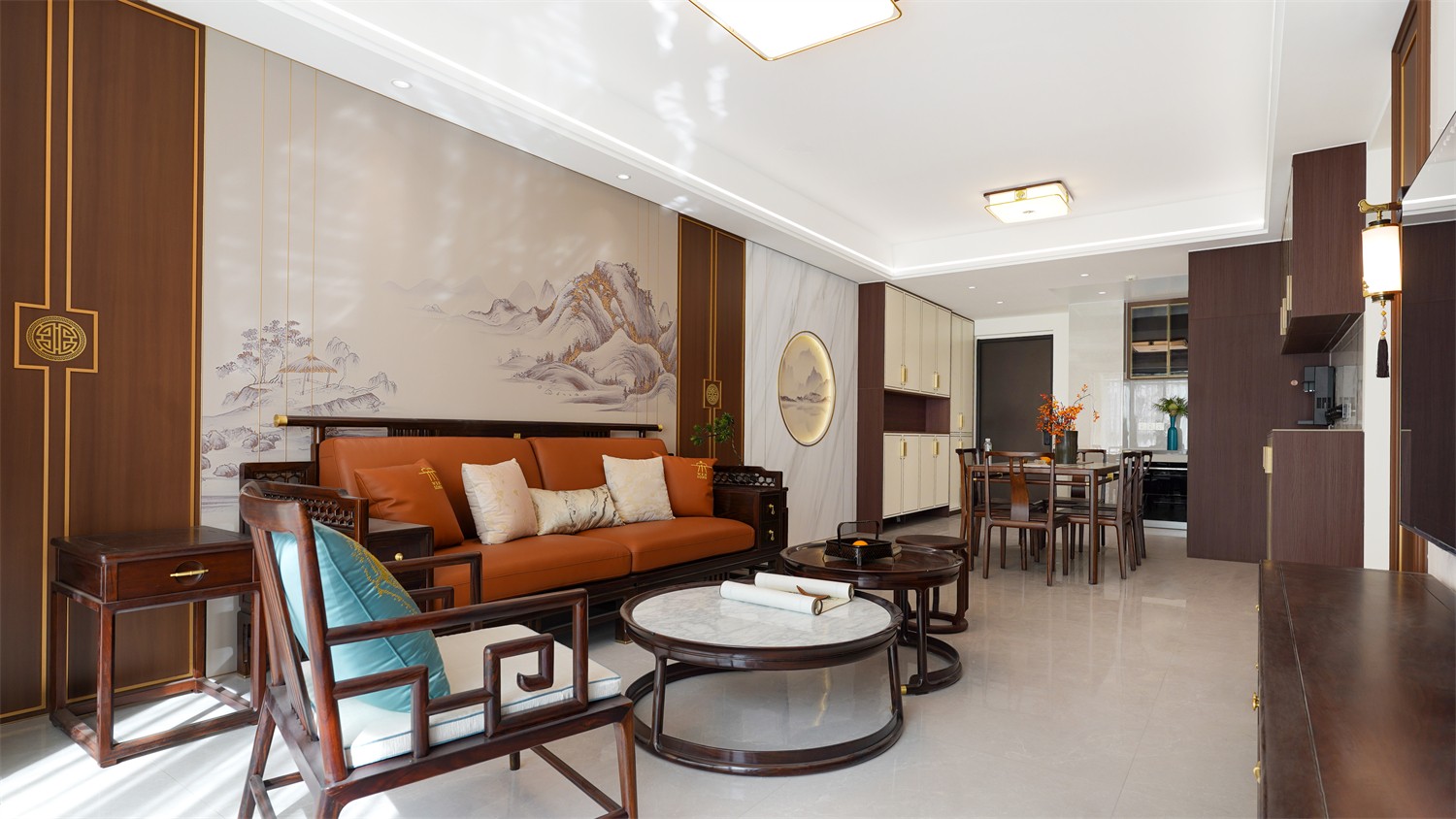 威寧青運村116平新中式客廳裝修完工實景圖